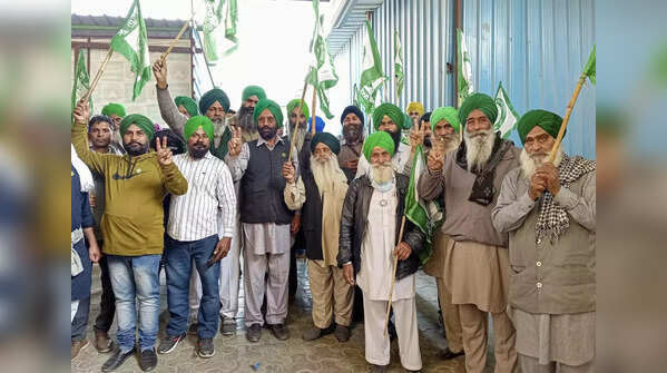 Farmers hold flags and show victory sign