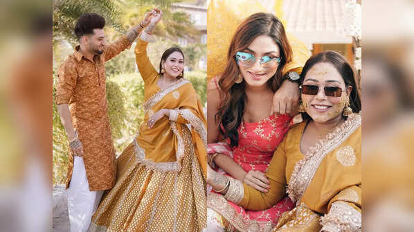 Afsana Khan twirls with groom Saajz in a beautiful yellow lehenga on her haldi ceremony; Donal Bisht, Rakhi Sawant and others attend