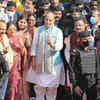 Defence minister and BJP leader Rajnath Singh after casting his vote at a polling booth in Lucknow