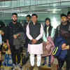 MoS Agriculture Kailash Choudhary receives 219 Indian nationals from Ukraine after a special Indigo flight lands in Delhi from Bucharest in Romania