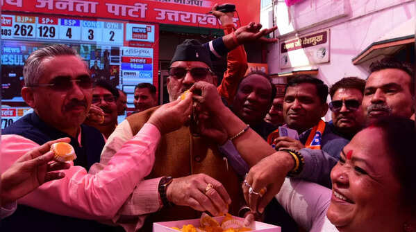 Photos of celebrations as BJP marching ahead in Uttarakhand