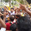 Supporters of Revolutionary Goans Party celebrate outside a counting centre in Panaji