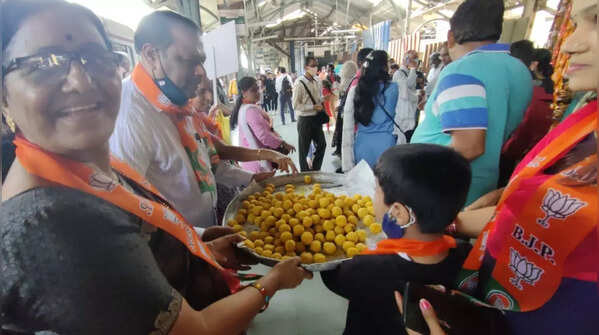 BJP workers celebrate party's win in assembly polls
