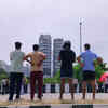 People watch Twin Towers before demolition