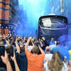 Everton fans welcome their team bus outside the stadium prior to the Premier League match between Everton FC and Liverpool FC at Goodison Park on September 03, 2022 in Liverpool, England.