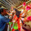 Artist Gautam working on Durga idols at Ghat Gate
