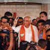 Gujarat CM and BJP candidate Bhupendra Patel flashes the victory sign celebrating the party's victory in Gujarat assembly elections, at the party headquarters in Gandhinagar. (PTI Photo)