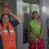 BJP Mahila Morcha welcomes leaders arriving at Ahmedabad airport to attend the swearing-in ceremony of CM-designate Bhupendra Patel