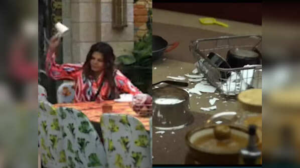 Rakhi Sawant breaking plates, dishes, and cups