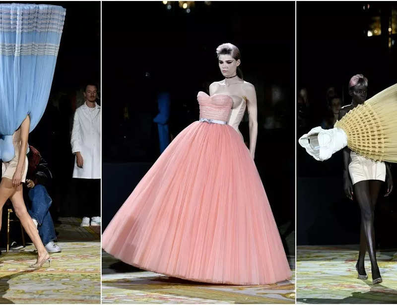 Viktor & Rolf show features upside-down and sideways gowns at