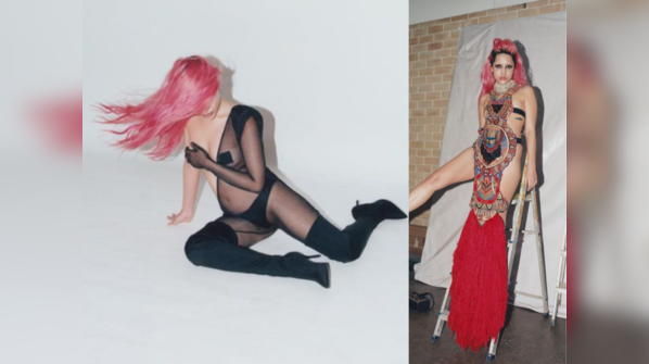 Makes a fashion statement with blonde brows and pink hair