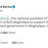 BJP national president J P Nadda has advised party's Meghalaya unit to support Conrad Sangma-led NPP: Assam CM Himanta Biswa Sarma on Twitter