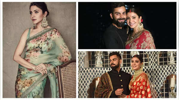 Captivating burgandy engagement sari to red floral karva chauth sari: FIVE times Anushka Sharma left us spellbound in designer Sabyasachi drapes