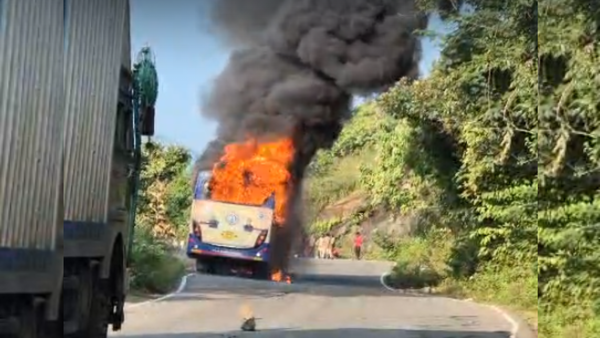 Fire engulfs moving bus in Andhra Pradesh: Driver’s quick action averts tragedy on Roddavalasa ghat; minister orders probe