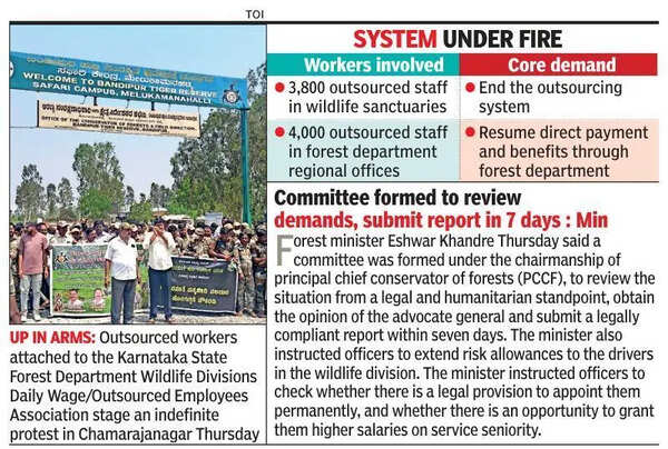 Forest dept outsourced workers begin indefinite protest in Chamarajanagar