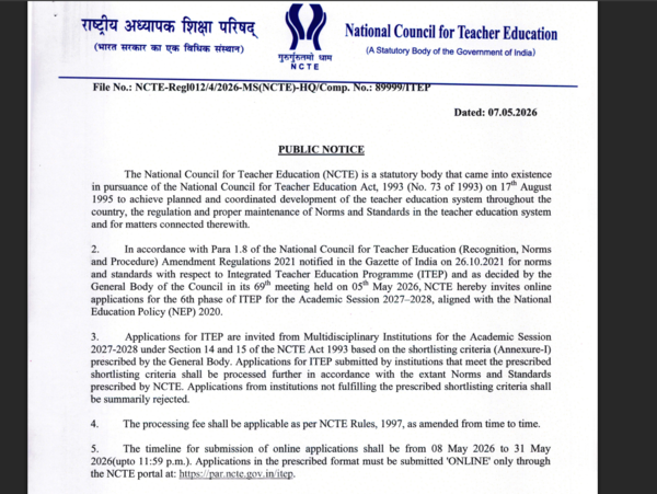 NCTE opens ITEP 2027-28 applications under NEP 2020, invites eligible institutions to apply: Check details here