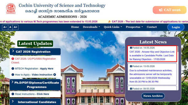 CUSAT CAT 2026 answer key released at admissions.cusat.ac.in; objection window open till May 17