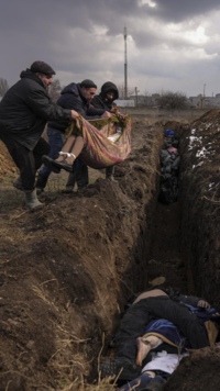 Bodies of war victims being placed in mass grave