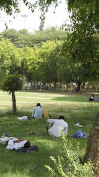 ​Allahabad University students take rest in the shade of trees on a hot afternoon.
