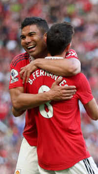 ​Fernandes celebrates with Casemiro after scoring the second goal