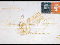 "Bordeaux Cover" with Mauritius 2d blue (XXII) and Mauritius 1d red (XXI)