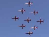 A team of 'Surya Kiran' planes flies past at the Hindon Air Force Base