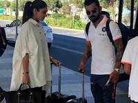 Anushka Sharma and Virat Kohli snapped at the <i class="tbold">adelaide airport</i> on their first wedding anniversary