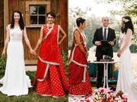 This Indo-American lesbian couple complemented each other in a red lehenga and white gown