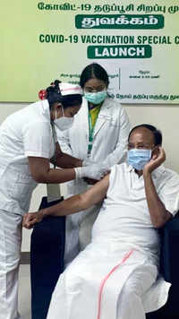 Vice-President M <i class="tbold">Venkaiah Naidu</i> takes his first dose of Covid vaccine.