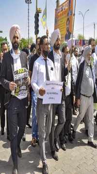 Members of Patiala Bar Association hold placards as they stage a protest in support of the nationwide strike.