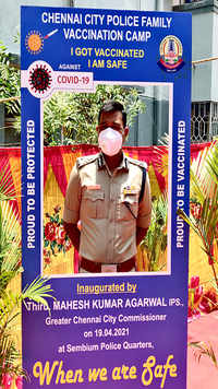 Chennai police commissioner Mahesh Kumar Agarwal at a selfie point in Chennai.