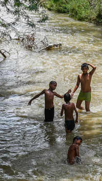Boys play as they take a dip in the waters of the Yamuna River on a hot summer day.