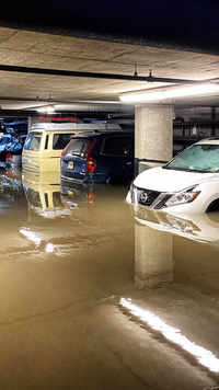 A flooded parking structure in Southwest Hoboken, New Jersey, after a night of high winds and rain.