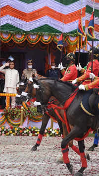 Assam chief minister Himanat Biswa <i class="tbold">sarma</i> takes salute of the parade in Guwahati.