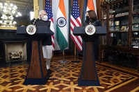 Prime Minister Narendra Modi and US Vice President Kamala Harris deliver a joint statement, in Washington DC.