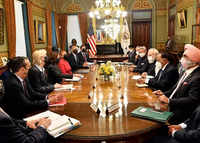 ​Prime Minister Narendra Modi with US Vice-President Kamala Harris during a meeting, in Washington DC.