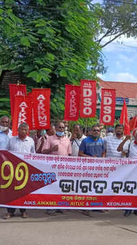 Agitators take out rally supporting Bharat bandh called by farmers' organizations in Keonjhar town of Odisha.