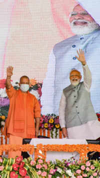 Prime Minister Modi and UP CM Yogi Aditynath during the inauguration of the Purvanchal Expressway.