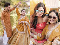 Afsana Khan twirls with groom Saajz in a beautiful yellow lehenga on her haldi ceremony; Donal Bisht, Rakhi Sawant and others attend