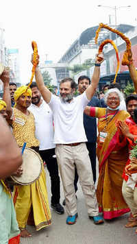 Rahul Gandhi dances with supporters celebrating Bonalu festival to worship Goddess <i class="tbold">mahakali</i> in Hyderabad