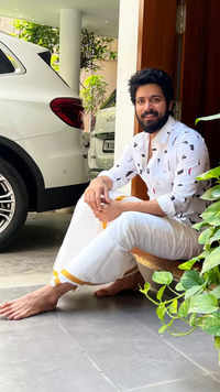 Harish Kalyan relaxing in a white vesti and shirt