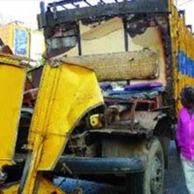 Dumper rams into truck carrying LPG cylinders