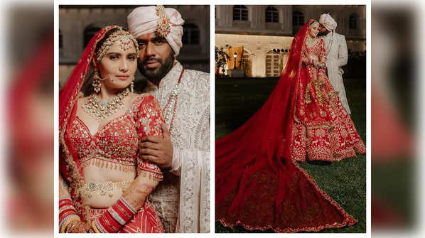​Arti Singh and Dipak Chauhan look dreamy in these wedding photos; you can’t miss the bright red long veil