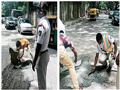 Cops fix the dangerous roads of Jalahalli