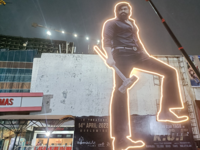 Rocky Bhai stands tall and bold in Mumbai as a massive, 100 feet long cutout
