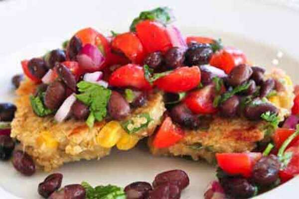 Quinoa and corn griddle cakes with black bean salsa