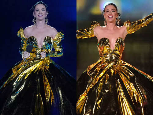 katy perry coronation gold dress Gold Strapless Pleated Metallic Layered Ruffle Gown