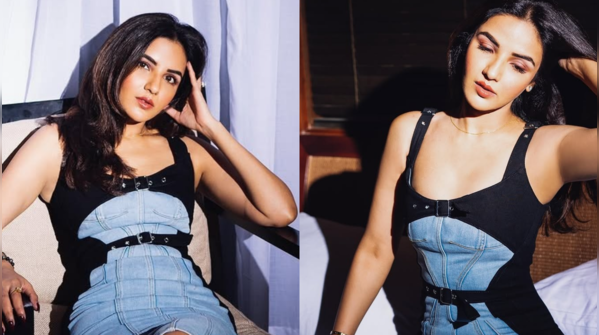 Jeans and Leather-Panelled Dress