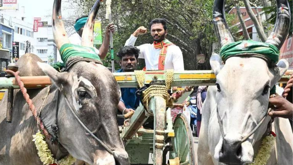 Tamil Nadu assembly election: Rural candidates arrive in bullock cart, bicycle and with ploughs to file nominations