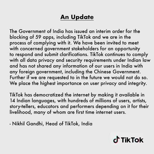 Statement from TikTok head, India